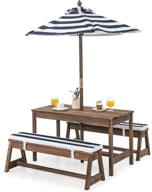 HONEY JOY Kids Picnic Table, Outdoor Wooden Table & Bench Set w/Removable Cushions and Umbrella, Stripe Fabric, Children Backyard Furniture for Patio Garden, Gift for Toddler Boys Girls Age 3+(Blue)