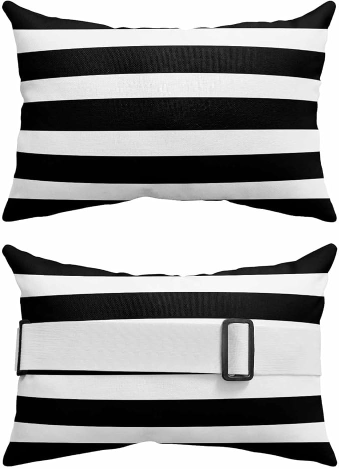 Black Striped Outdoor Pillows for Chaise Lounge Chair Beach Headrest Pillow Set of 2 Waterproof Lumbar Pillows with InsertModern Simple Monochrome Geometric White Pillow for Patio Pool 11"x16"