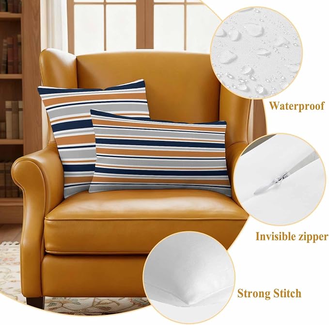 Outdoor Pillow Covers 26 x 26 Inches, Orange Grey Striped Waterproof Throw Pillow Cover Set of 2, Farmhouse Stripes Modern Abstract Art Decorative Square Cushion Covers for Patio/Couch/Garden