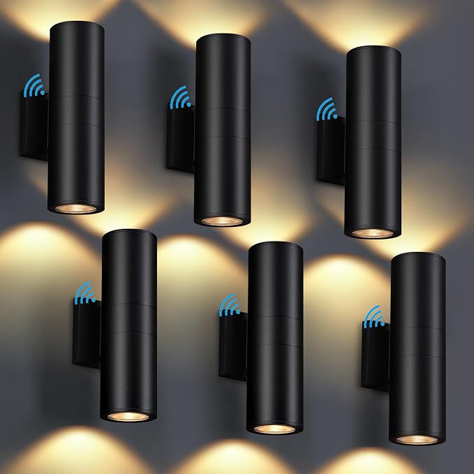DAKAFUL Dusk to Dawn Outdoor Lighting Sensor Wall Lights 6 Packs, 12W 2700K Integrated LED Cylinder Up Down Lights Outdoor, IP65 Waterproof Aluminum Wall Sconce Exterior Wall Light for Porch Patio.