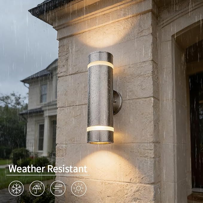 15" Stainless Steel Modern Outdoor Wall Sconce Cylinder Porch Light | E26 Base,UL listed,Brushed Nickel Up and Down Lights Outdoor Exterior Lighting Fixture for House Garage Patio Porch Garden
