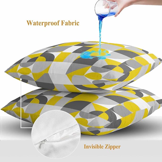 Mid Century Outdoor Waterproof Throw Pillow Covers Set of 2, 18"x18", Yellow Grey Abstract Retro Geometric Modern Decorative Pillow Covers Outside Cushion Case for Patio Porch Garden