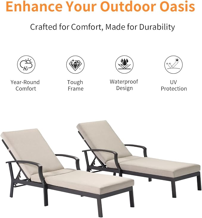 2 Pieces Patio Chaise Lounge Chairs, Never Rust Aluminum Outdoor Pool Lounge Chairs with Gray Cushion, 6-Position Adjustable Backrest Outdoor Loungers Pool Chaise Chair for Beach, Gunmetal