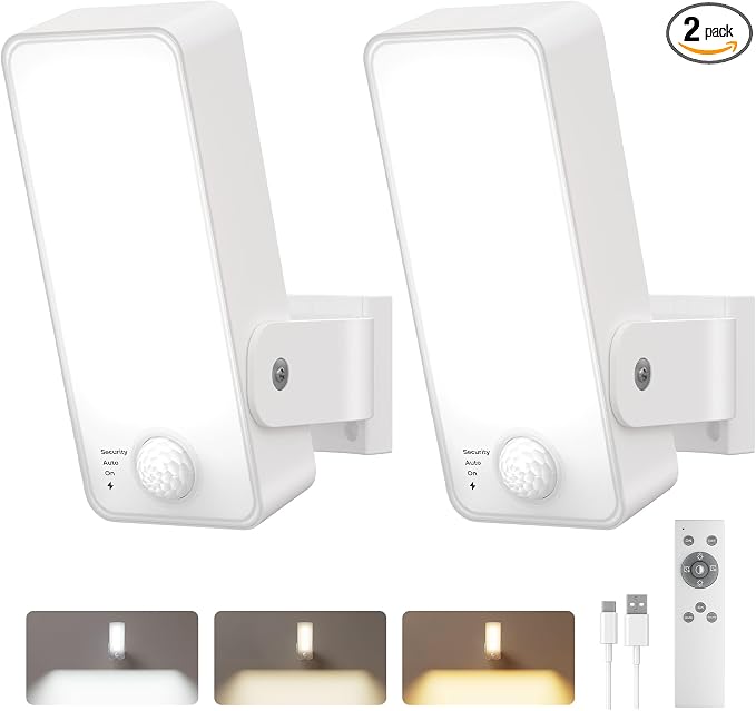 2 Pack Motion Sensor Outdoor Lights, 10000mAh Rechargeable 600 Lumen Battery Operated Outdoor Wall Lights with 3 Modes, 3 Colors, IP65 Waterproof Outdoor Security Lights for Fences, Garage, Patio