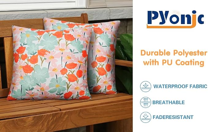 Pyonic Pack of 2 Outdoor Pillows Cover 18X18 inch Floral Waterproof Outdoor Throw Pillow Covers for Patio Furniture Porch