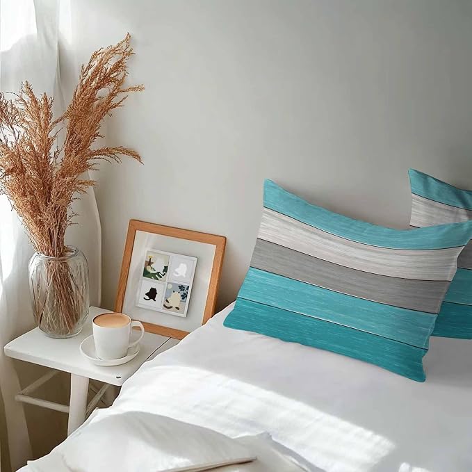 Outdoor Throw Pillow Covers 12X20 Set of 2 Waterproof Ombre Aqua Blue Gray Decorative Zippered Cushion Covers for Patio Furniture, Farmhouse Retro Rustic Barn Wood Texture Lumbar Pillowcases