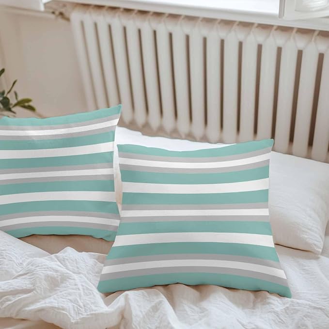Aqua Grey Stripe Outdoor Pillow Covers Waterproof, All Weather Cushion Case Set of 2, Minimalist Farmhouse Striped Decorative Pillowcases for Sofa Couch Bed Decor Patio Furniture 16"x16"