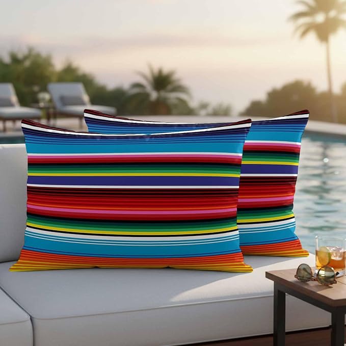 Colorful Striped Outdoor Pillow Covers 20x12 Inch Lumbar Pillow Covers Set of 2 Waterproof Decorative Throw Pillow Cases Boho Rainbow Stripes Abstract Lines Cushion Covers for Patio Furniture Garden