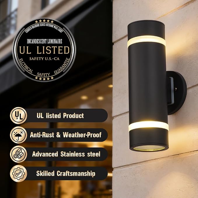13" Stainless Steel Modern Outdoor Wall Sconce Cylinder Porch Light | E26 Base,UL listed,Black Up and Down Lights Outdoor Exterior Lighting Fixture for House Garage Patio Porch Garden