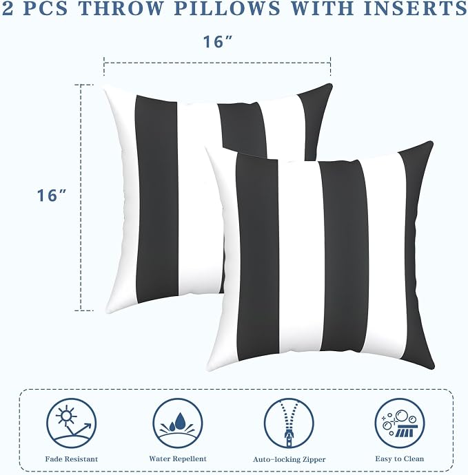 LVTXIII Outdoor Throw Pillows, Decorative Throw Pillows with Inserts, 16"x16" Square Pillows for Bed, Couch, Sofa and Patio Furniture, Set of 2, Cabana Black