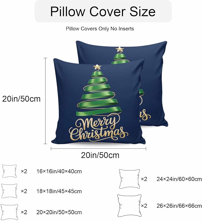 Navy Blue Christmas Tree Outdoor Pillow Covers 24 x 24 Inches, Green Xmas Tree with Star Waterproof Throw Pillow Cover Set of 2, Christmas Blue Decorative Square Cushion Covers for Patio/Couch