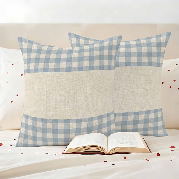 Retro Blue Outdoor Waterproof Pillow Covers, Farmhouse Buffalo Plaid Vintage Beige Decorative Square Throw Pillowcase Sofa Cushion Sham for Patio/Couch/Chair, 18"x18" 2 Pack
