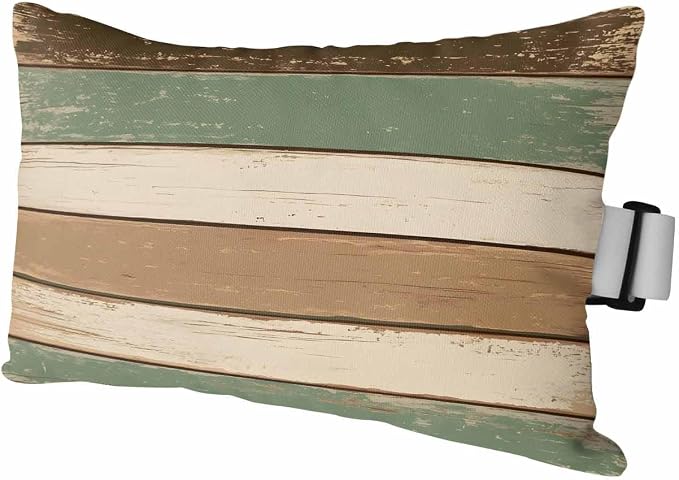 Chucoco Outdoor Head Pillow with Adjustable Elastic Strap, Rustic Green Brown Beige Stripes 1 Pack Waterproof Headrest Cushion Pillows for Balcony/Garden/Beach/Pool Chair Recliners Wood Barn