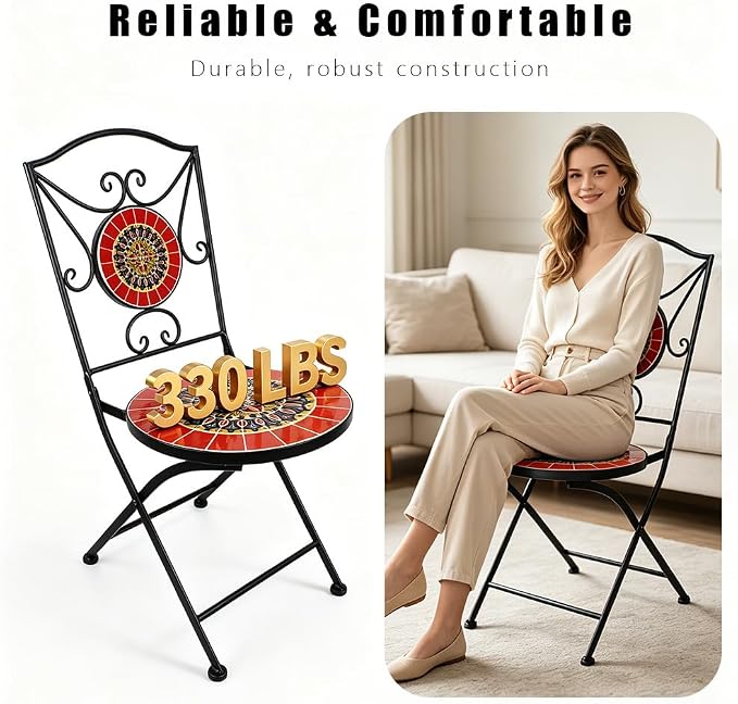 Folding Patio Chairs Set of 2 Mosaic Bistro Chair Outdoor Seating | Garden Patio Furniture Seating Heavy Duty Metal Frame Dining Chairs for Lawn Yard Balcony Porch Backyard Poolside