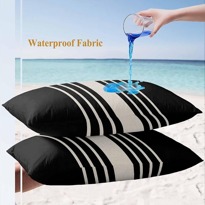 Lumbar Pillow Covers 20x12 Inch Set of 2, Black Beige Striped Waterproof Outdoor Cushion Covers, Modern Farmhouse Retro Lines Decorative Pillowcases for Couch, Sofa, Bed, Garden, Patio