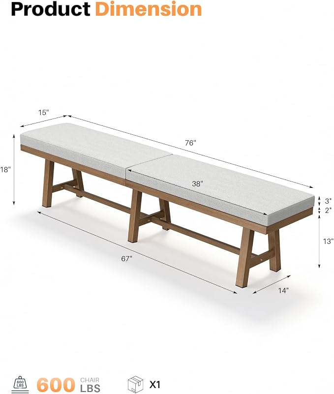 76'' Outdoor Patio Bench, 3-Seat Never-Rust Aluminum Backless Outdoor Bench with Thick Cushion, Weatherproof Outdoor Dining Benches, Outside Porch Benches for Balcony, Deck, Garden, Lawn, Teak