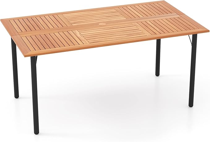 Tangkula 63" Acacia Wood Patio Dining Table for 6, Rectangular 6-Person Outdoor Dining Table with Metal Legs & Umbrella Hole, Indoor Outdoor Dining Furniture for Deck, Garden, Poolside & Backyard