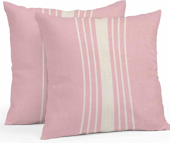 Throw Pillow Covers 26x26 Inch Set of 2, Pink Beige Striped Waterproof Outdoor Cushion Covers, Modern Farmhouse Retro Lines Decorative Pillowcases for Couch, Sofa, Bed, Garden, Patio
