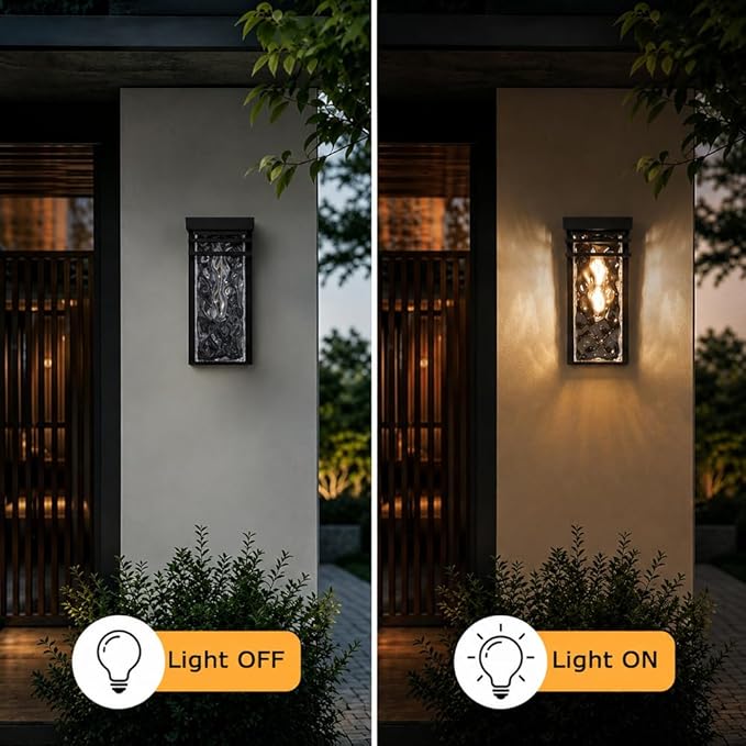 Modern Outdoor Wall Lights Fixtures Set of 2 Porch Sconce | 12 in. Water Seeded Glass,Waterproof House Exterior Lighting,Open Bottom,E26 Socket,Commercial Use