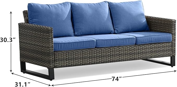 Luxury Wicker Outdoor Couch Patio Sofa - 3 Seater Rattan Outdoor Patio Couch Water Resistant,Comfortable Cushions and Sturdy Metal Frame for Outside Porch Deck Backyard Garden(Mixed Grey/Blue)