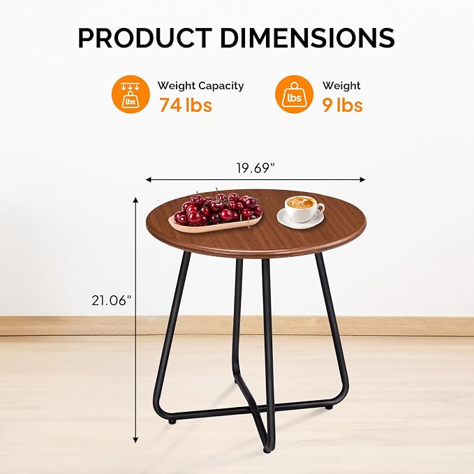 Outvita Indoor and Outdoor Side Table, Small Patio Side Table, Metal Round Portable Waterproof Weather Resistant End Table for Patio, Garden, Balcony, Yard, Wood Grain Color