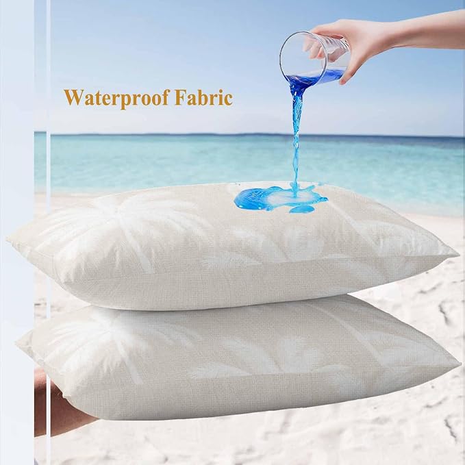 Lumbar Pillow Covers 20x12 Inch Set of 2, Cream Palm Trees Waterproof Outdoor Pillow Covers, Farmhouse Tropical Summer Beach Decorative Cushion Pillowcases for Couch, Sofa, Bed, Garden, Patio