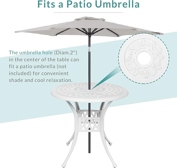 MEETWARM 31" Round Patio Bistro Table, Outdoor Cast Aluminum Small Dinning Table with 2" Umbrella Hole, White