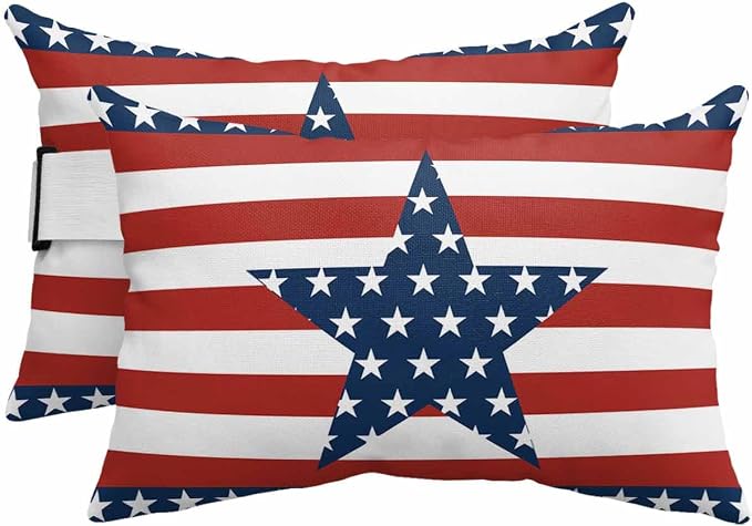 Recliner Head Pillow Independence Day Chic White Star on Blue Outdoor Throw Pillow with Insert,Waterproof Recliner Pillows Chaise Lounge Lumbar Cushion for Beach Red White Stripes Patio Pillow 2 Pack
