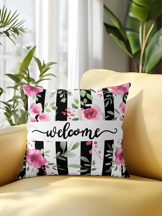 Outdoor Waterproof Throw Pillows Welcome Words Pink Flowers Patio Pillows,Decorative Pillow Covers with Insert,Pillow Cushion Case for Garden Couch Sofa Country Black Line