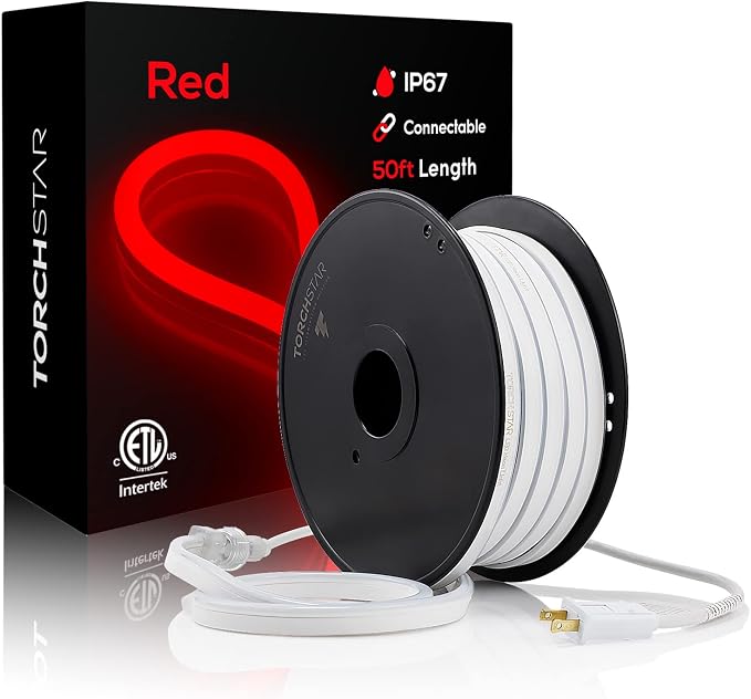 TORCHSTAR 50ft LED Neon Rope Light, Red LED Strip Lights | Outdoor IP67 Waterproof, 120V UL Plug, ETL Connectable, Neon Light Strip for Shop Sign, Patio Decor, Max 2 Sets (100FT)