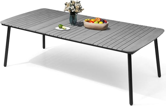 Outdoor Dining Table for 10 Grey 93" Patio Table with Umbrella Hole Rectangle Table with Aluminum Frame and Waterproof Wood-Like Tabletop for Lawn Backyard Garden Poolside
