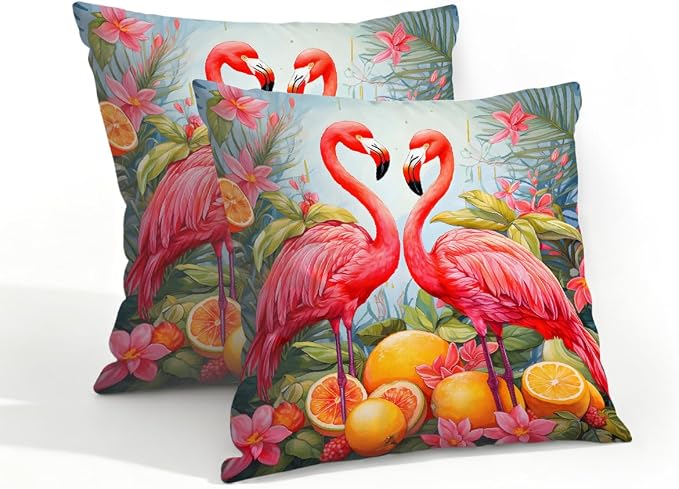 Flamingos Lemon Summer Fruit Outdoor Throw Pillow Covers 18x18 Inch Set of 2 Waterproof Decorative Square Pillowcases Cushion Cases for Patio Couch Garden Furniture Sofa