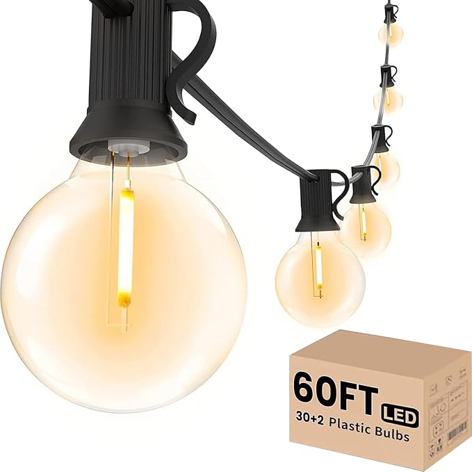 Svater Outdoor String Lights LED 60 FT G40 Patio Globe Light Waterproof | 32 Shatterproof G40 Edison Bulbs, Plug-In, Dimmable, Connectable, Outside Light for Backyard Porch Party Christmas Decorative