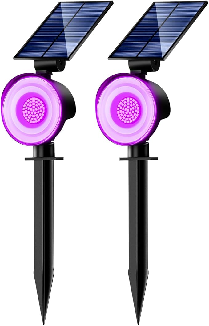 nipify Solar Spot Lights Outdoor Waterproof, Landscape Spotlights | Purple, 2 Pack/53 LED/3 Modes, Adjustable Solar Panels, Auto On/Off, Uplights Lighting for Outside Tree Yard Flag Garden
