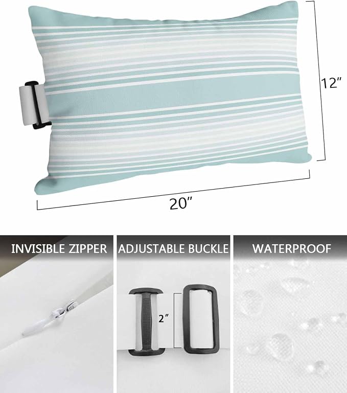 Pack of 4 Outdoor Lumbar Pillow Covers 12x20 Inch, Aqua Striped Waterproof Throw Pillow Covers Set, Teal Ombre Farmhouse Stripes Indoor&Outdoor Decorative Cushion Cases for Patio Porch Car