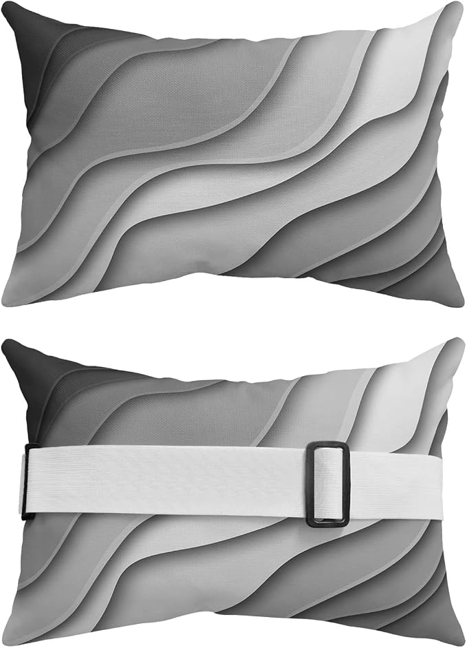 Geometric Ombre Lounge Pillows Outdoor, Aesthetic Black Grey White Gradient Abstract Head Pillows, Modern Waterproof Patio Furniture Lumbar Pillows with Adjustable Elastic Strap for Recliner Beach