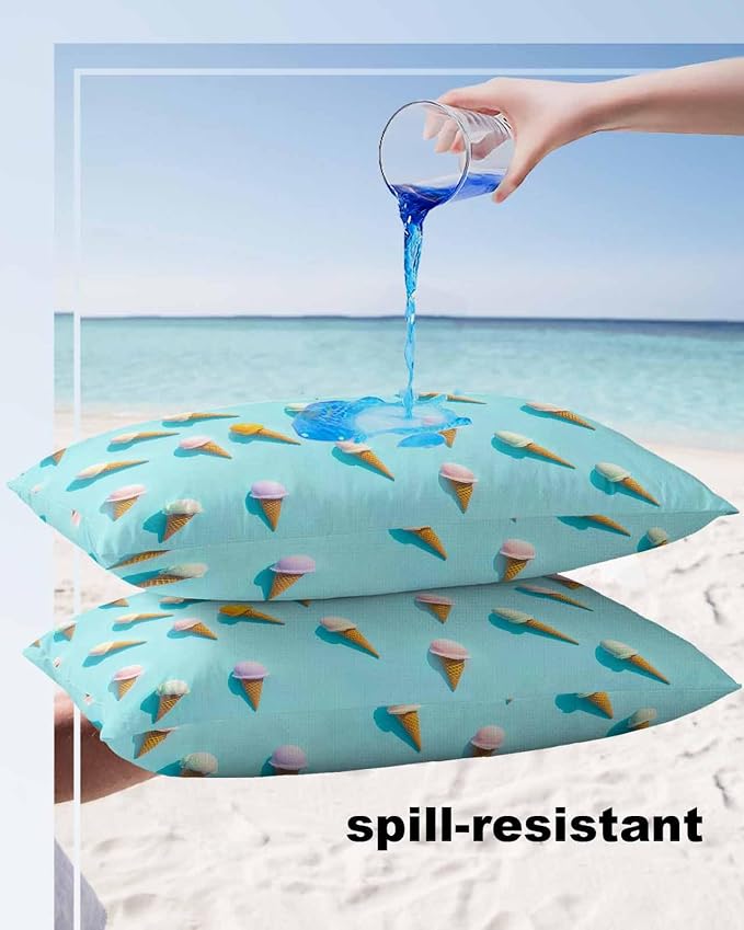 Lumbar Pillow Covers 12 x 20 Inches, Blue Ice Cream Waterproof Throw Pillow Cover Set of 2, Summer Colorful Ice Cream Home Decorative Rectangle Cushion Covers for Patio/Tent/Couch/Garden