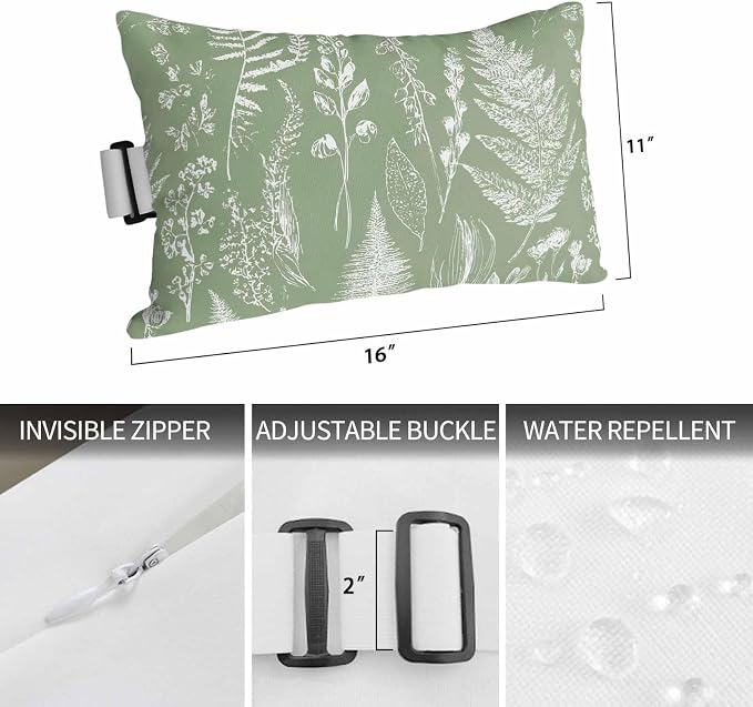 Outdoor Pillows for Chaise Lounge Chair Set of 2 Fern Leaves Sage Green Foliage Waterproof Lumbar Pillows with Insert for Beach Chair,Patio Office,Pool Recliner,Watercolor Botanical Sketch 11x16IN