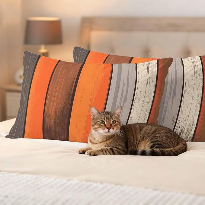 JasmineM Outdoor Pillow Cover 12x20 Inches Set of 2 Orange Brown Gray Striped Waterproof Throw Pillow Covers Retro Wood Grain Decorative Pillowcases Garden Cushion Case for Patio Couch Sofa