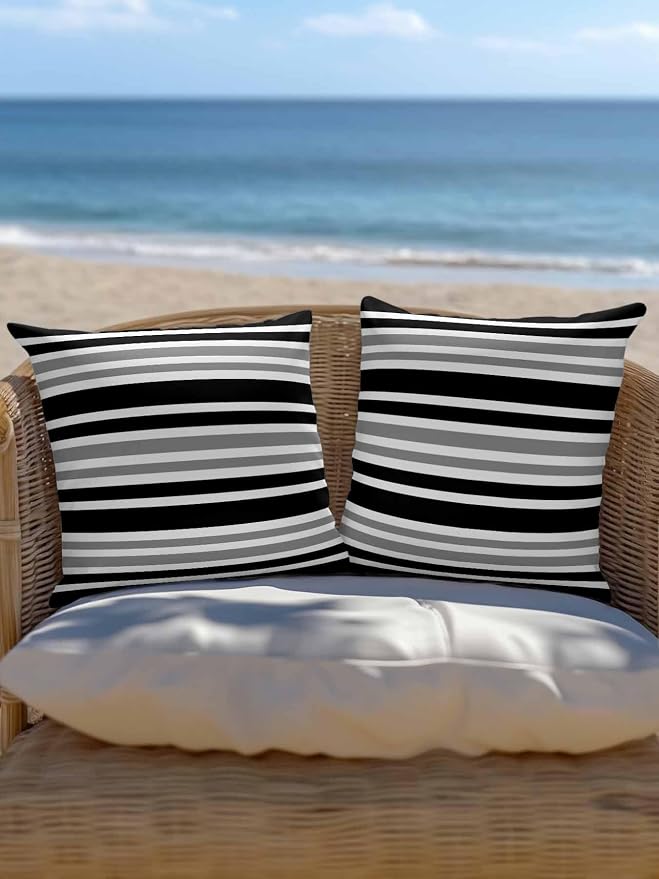 Outdoor Waterproof Throw Pillows Classic Gray Black Striped Patio Pillows Pack of 2,Decorative Pillow Covers with Insert,Pillow Cushion Case for Garden Couch Sofa Minimalist Lines