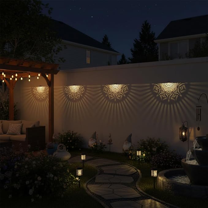 4 Pack Solar Fence Lights Outdoor Wall Lights Plastic Solar Powered Deck Step Stair Lights Mandala Theme Waterproof Fence Solar Light for Garden Post Patio Yard Decor, Gardening Gifts for Women Mom