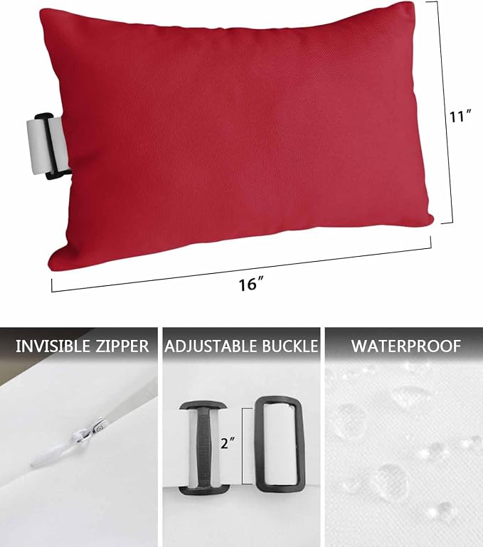 DecorLovee Pure Red Outdoor Recliner Pillows for Head, Waterproof Chair Pillow with Elastic Stripe, Simple Solid Color Chaise Lounge Headrest Pillow for Patio/Beach/Pool 1Pack, 11"x16"