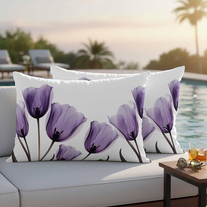 Spring Purple Outdoor Waterproof Throw Pillow Covers Set of 2, 20"x12", Flowers Image of Tulips Floral Decorative Pillow Covers Outside Cushion Case for Patio Porch Garden