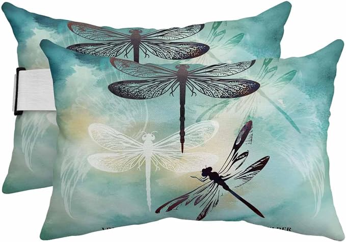 Pack of 2 Outdoor Lumbar Pillow Covers 11x16 Inch, Turquoise Dragonfly Waterproof Throw Pillow Covers Set, Country Gradient Black Animals Indoor&Outdoor Decorative Cushion Cases for Patio Porch Beach