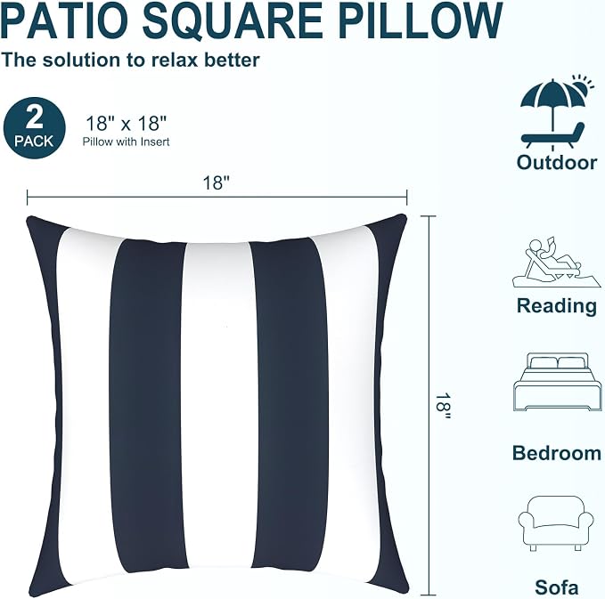 DYTXIII Pack of 2 Waterproof Outdoor Pillow with Inserts, 18x18 Square Patio Decorative Throw Pillow for Home,Sofa,Bench and Patio Furniture,Cabana Navy