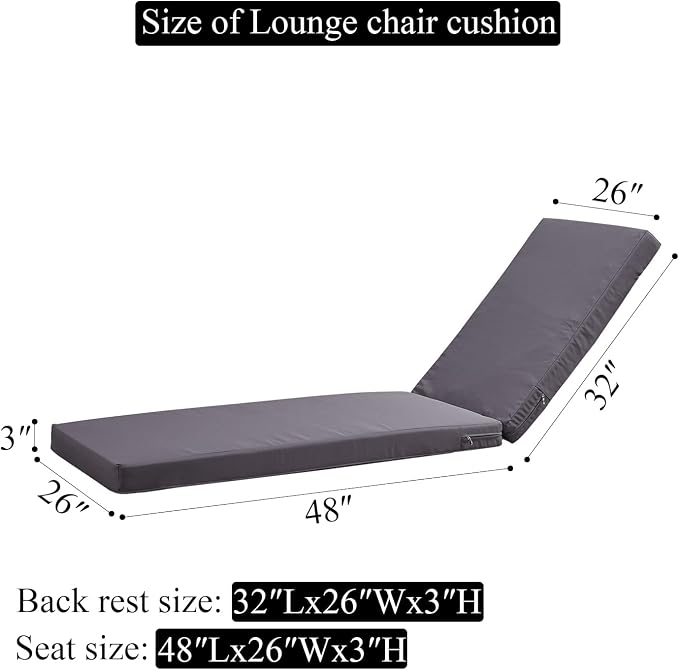 80 x 26 Inches Chaise Lounge Cushions Outdoor Replacement for Pool Side Waterpoof Patio Lounge Chair Cushions, Gray