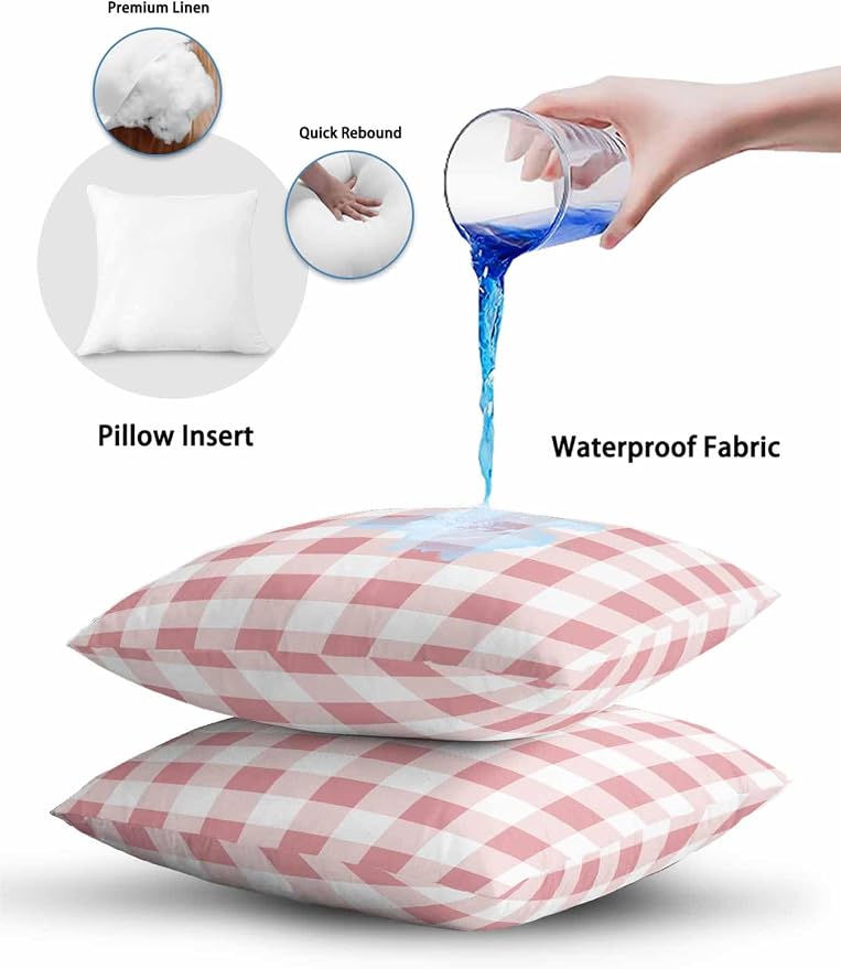 Waterproof Outdoor Pillow Set of 2 Pink Buffalo Plaid Decorative Throw Pillows Cover & Insert 20x12 Inch Lumbar Pillowcase Check Lines Pillows for Couch Sofa Bed Patio Furniture Indoor Outdoor