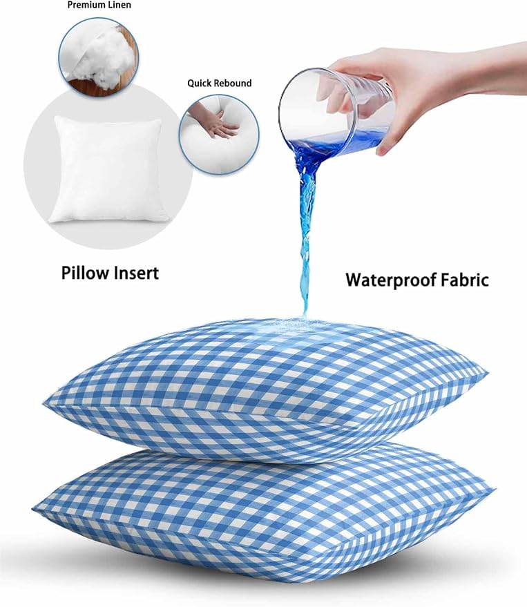Outdoor Waterproof Throw Pillows Light Blue Gingham Check Patio Pillows Pack of 2,Decorative Pillow Covers with Insert,Pillow Cushion Case for Garden Couch Sofa Country Classic Plaid