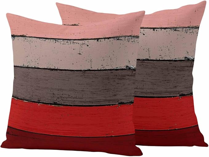 Outdoor Throw Pillow Covers 16X16 Set of 2 Waterproof Ombre Christmas Red Brown Decorative Zippered Cushion Covers for Patio Furniture, Farmhouse Retro Rustic Barn Wood Texture Lumbar Pillowcases