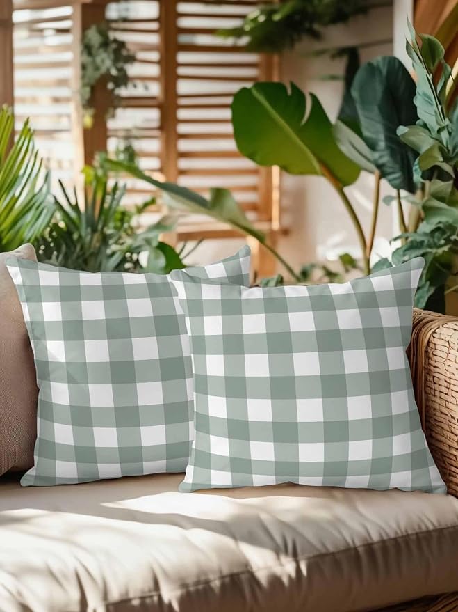 Waterproof Outdoor Pillow Set of 2 Sage Green Buffalo Plaid Decorative Throw Pillows Cover & Insert 18x18 Inch Pillowcase Check Lines Square Pillows for Couch Sofa Bed Patio Furniture Indoor Outdoor